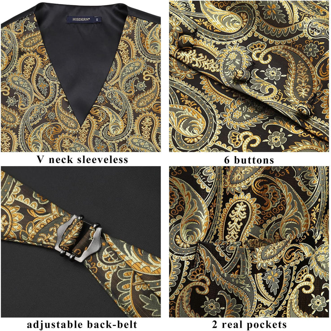 HISDERN Herren FLoral Hochzeit Weste Krawatte Einstecktuch Taschentuch Jacquard Weste Anzug Set L Go