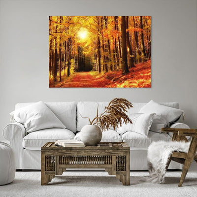 Bilder auf Leinwand 100x70cm Leinwandbild mit Rahmen Pfad Blätter Wald Gross Wanddeko Bild Schlafzim