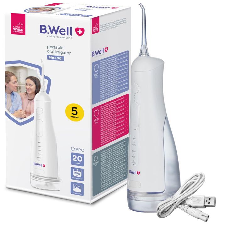 B.Well PRO-901 Munddusche | 5 Modi | 290 ml Wassertank | 5 Aufsätze | Weiss