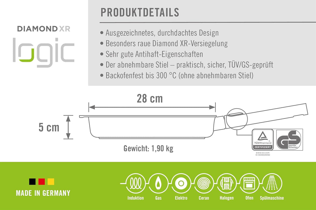 Woll Diamond Logic XR Flachpfanne - Induktiv -, Ø 28 cm, 5 cm hoch, mit abnehmbarem Stiel - Geeignet