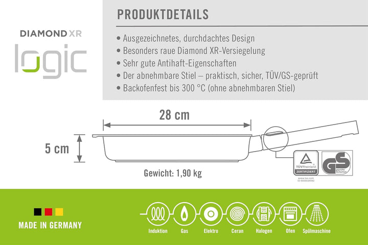 Woll Diamond Logic XR Flachpfanne - Induktiv -, Ø 28 cm, 5 cm hoch, mit abnehmbarem Stiel - Geeignet