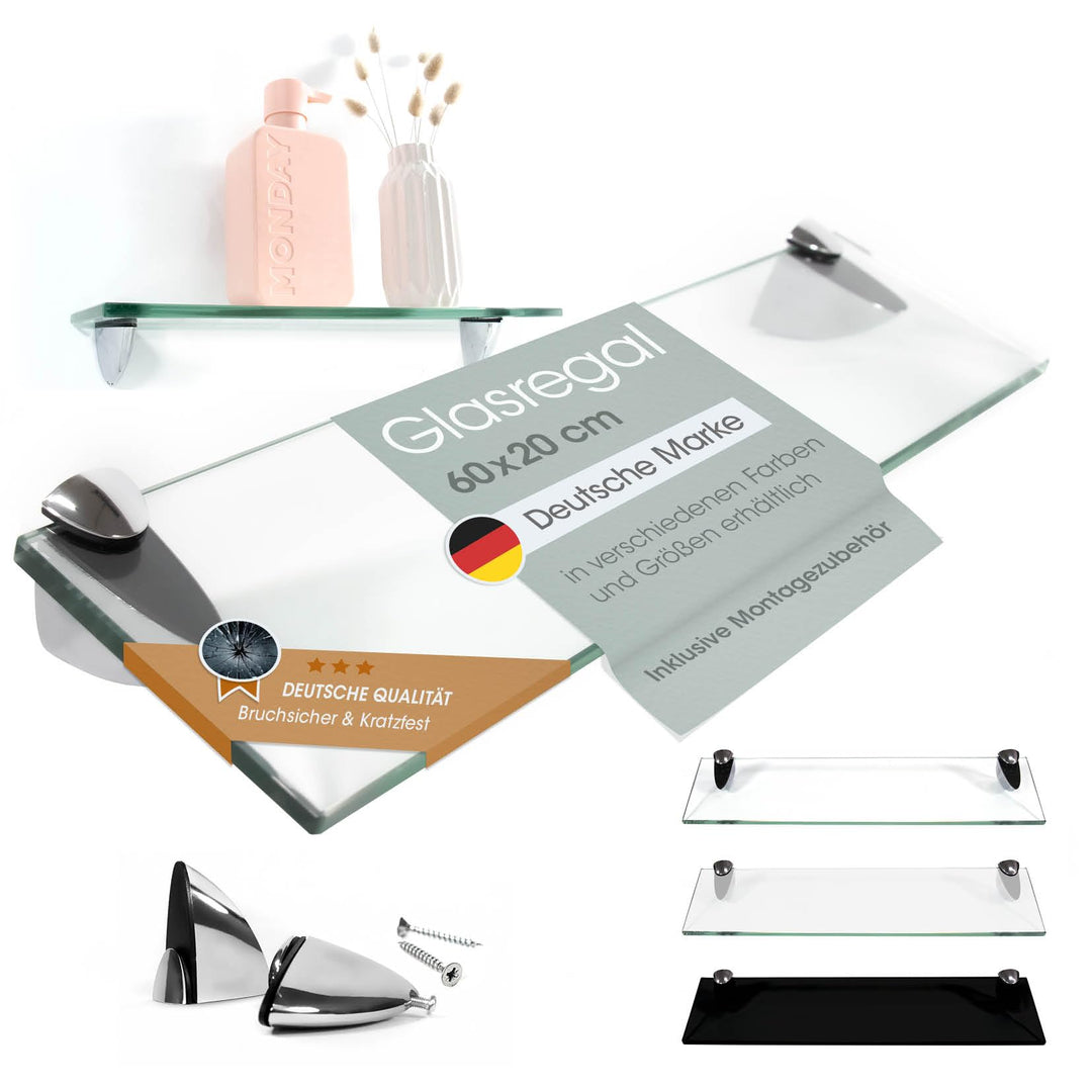Rapid Teck Glas Wandregal Klarglas transparent 60cm x 20cm - Glasregal mit 8mm ESG Sicherheitsglas -
