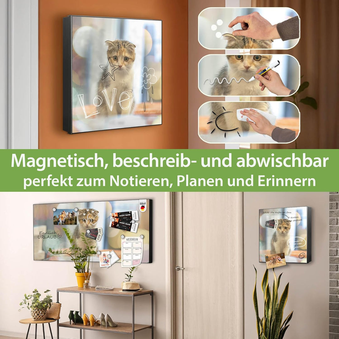 banjado® Grosser Schlüsselkasten Glas/Schlüsselbox 30cm x 30cm mit 50 Haken - Motiv Kleine Katze/Sch