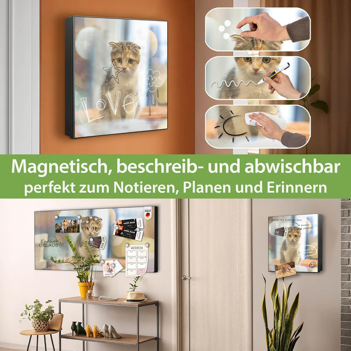 banjado® Grosser Schlüsselkasten Glas/Schlüsselbox 30cm x 30cm mit 50 Haken - Motiv Kleine Katze/Sch