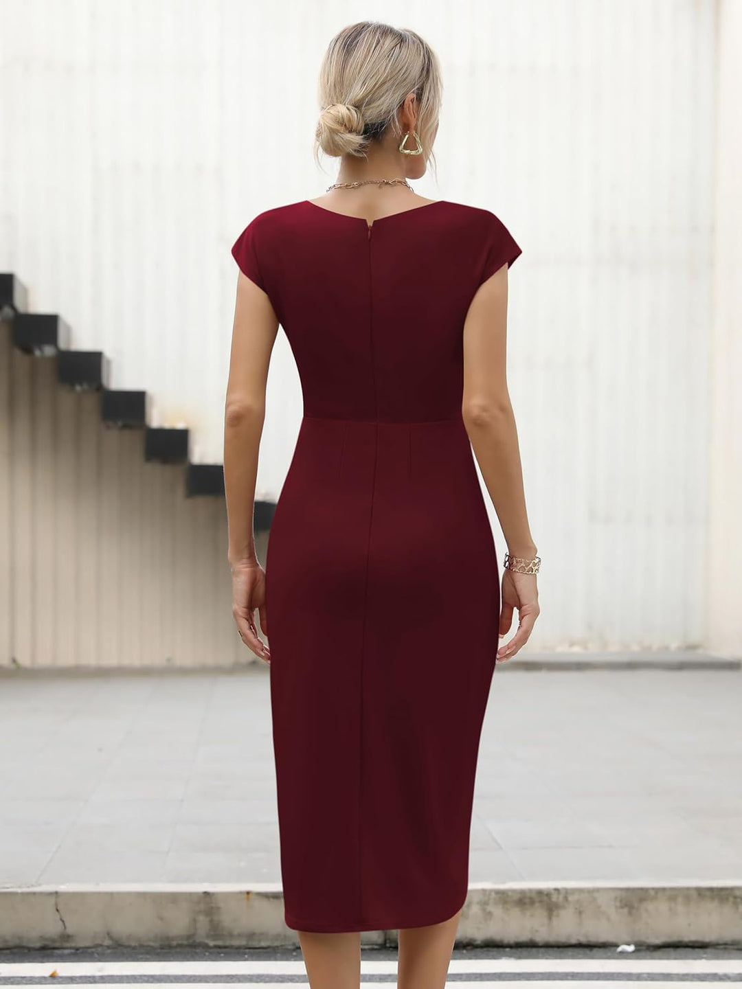 Missufe Damen Cocktailkleid Wickelkleid Partykleid Midikleid Elegant Bodycon Figurbetontes Sommerkle