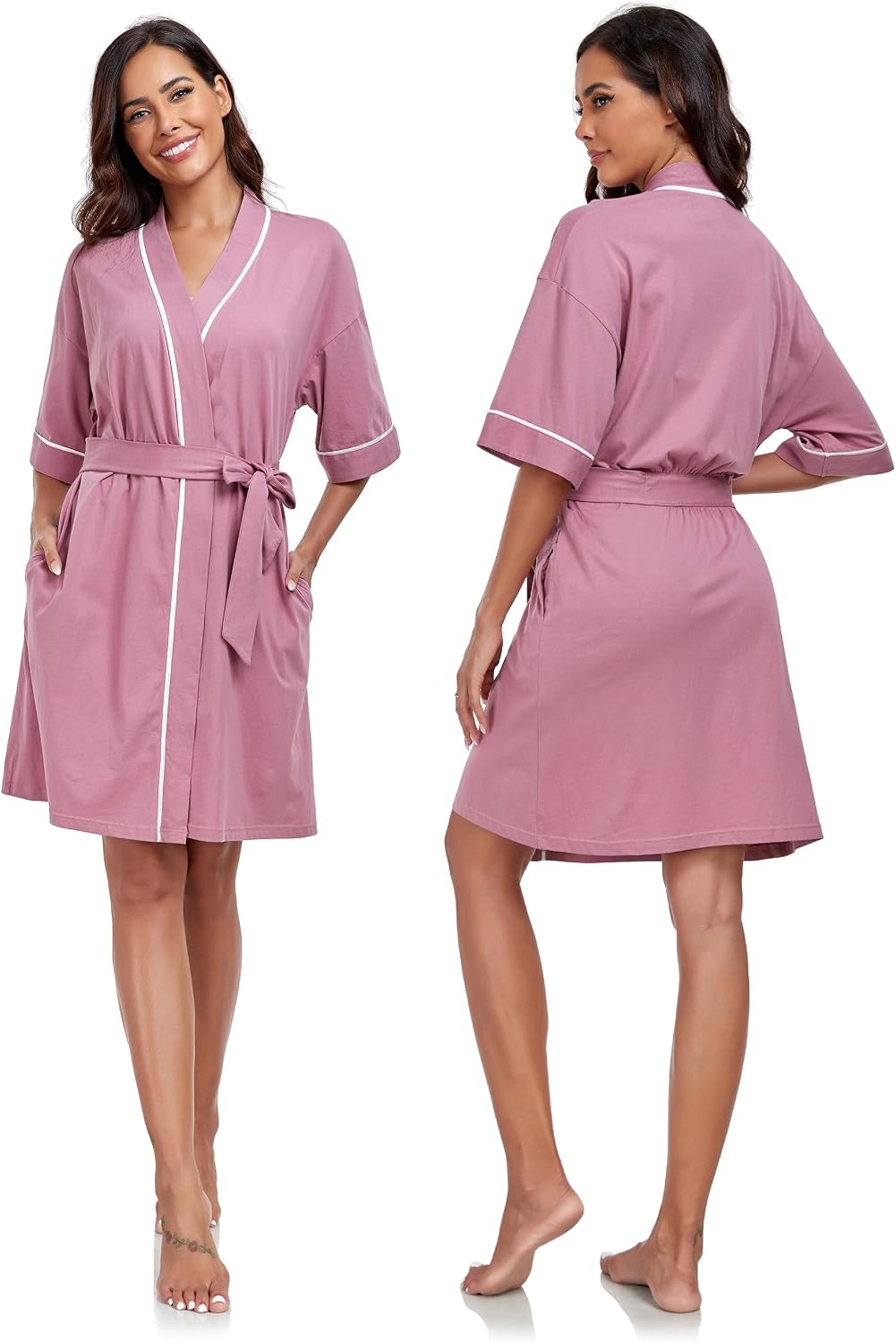 COLORFULLEAF 100% Baumwolle Bademantel Damen Kurz Morgenmantel Leicht Knielang Kimono Saunamantel Na