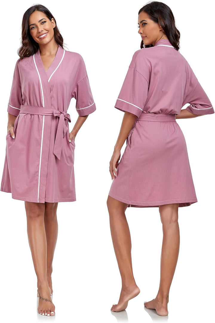 COLORFULLEAF 100% Baumwolle Bademantel Damen Kurz Morgenmantel Leicht Knielang Kimono Saunamantel Na
