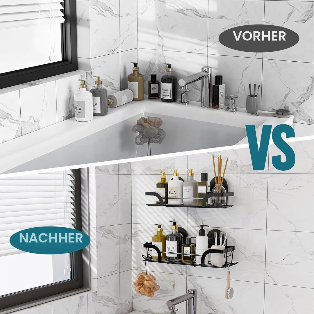 TAILI Duschablage Ohne Bohren, Einstellbar Dusche Caddy Saugnapf 2er Set Dusche Zubehör mit Haken Ro
