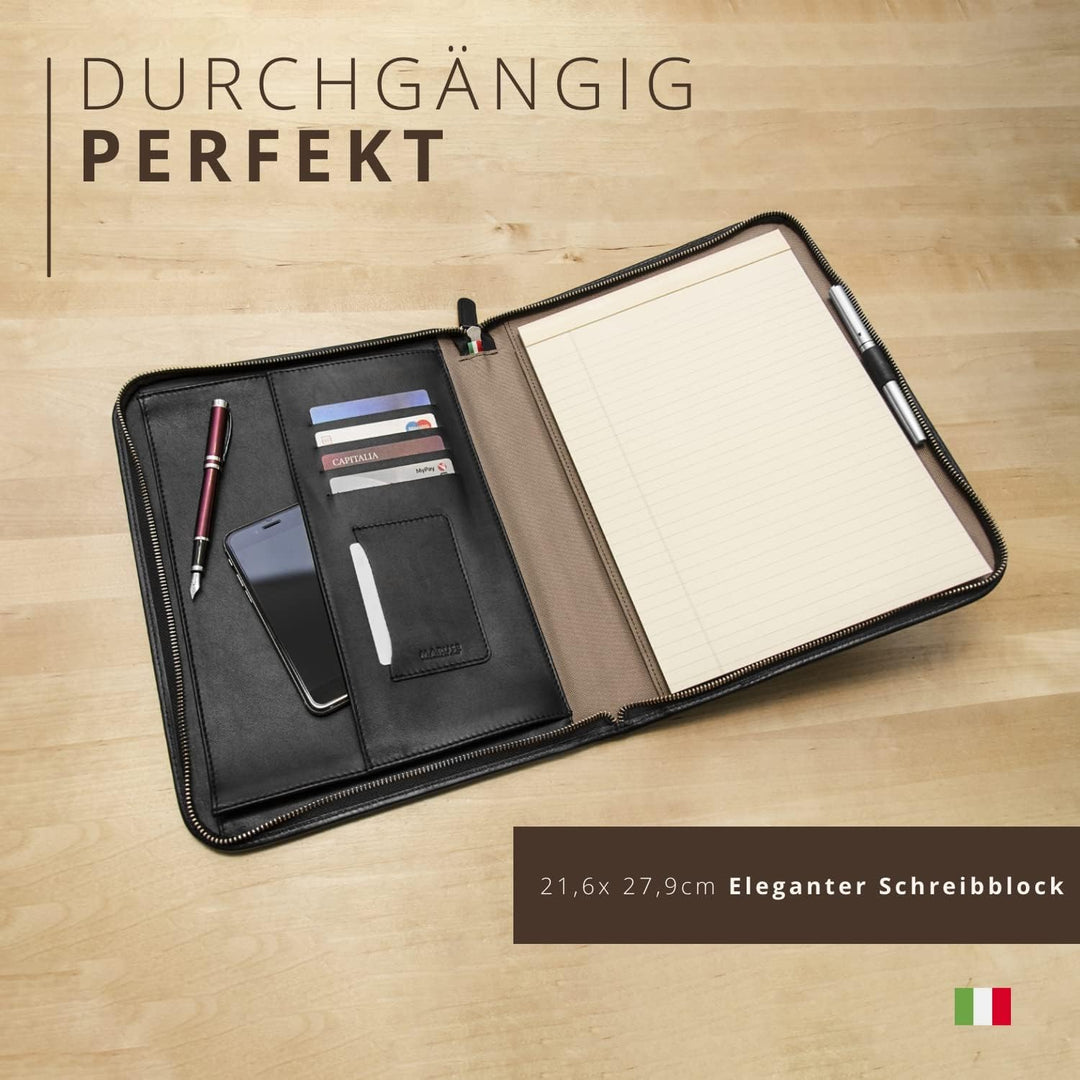 Konferenzmappe A4 aus 100% vollnarbiges Leder mit Reissverschluss - handgefertigt in Italien von erf