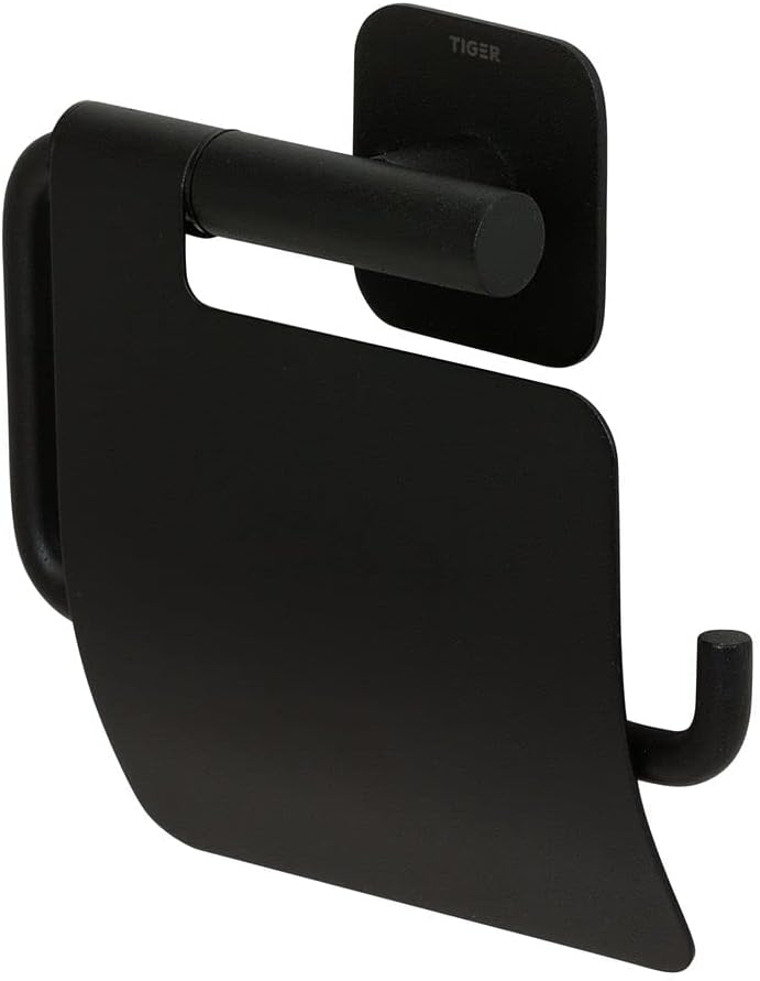 Tiger Colar Toilettenpapierhalter mit Deckel zum Kleben, Edelstahl, Schwarz pulverbeschichtet, mit i