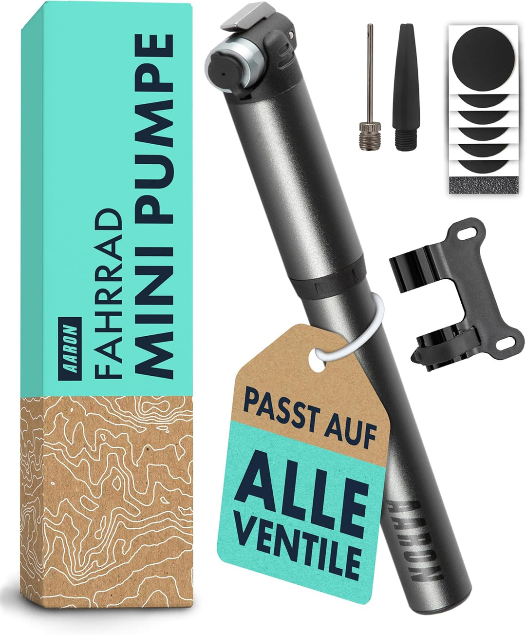 AARON Pocket One Mini Fahrradpumpe für alle Ventile - kompakte Luftpumpe passend für jeden Rahmen -