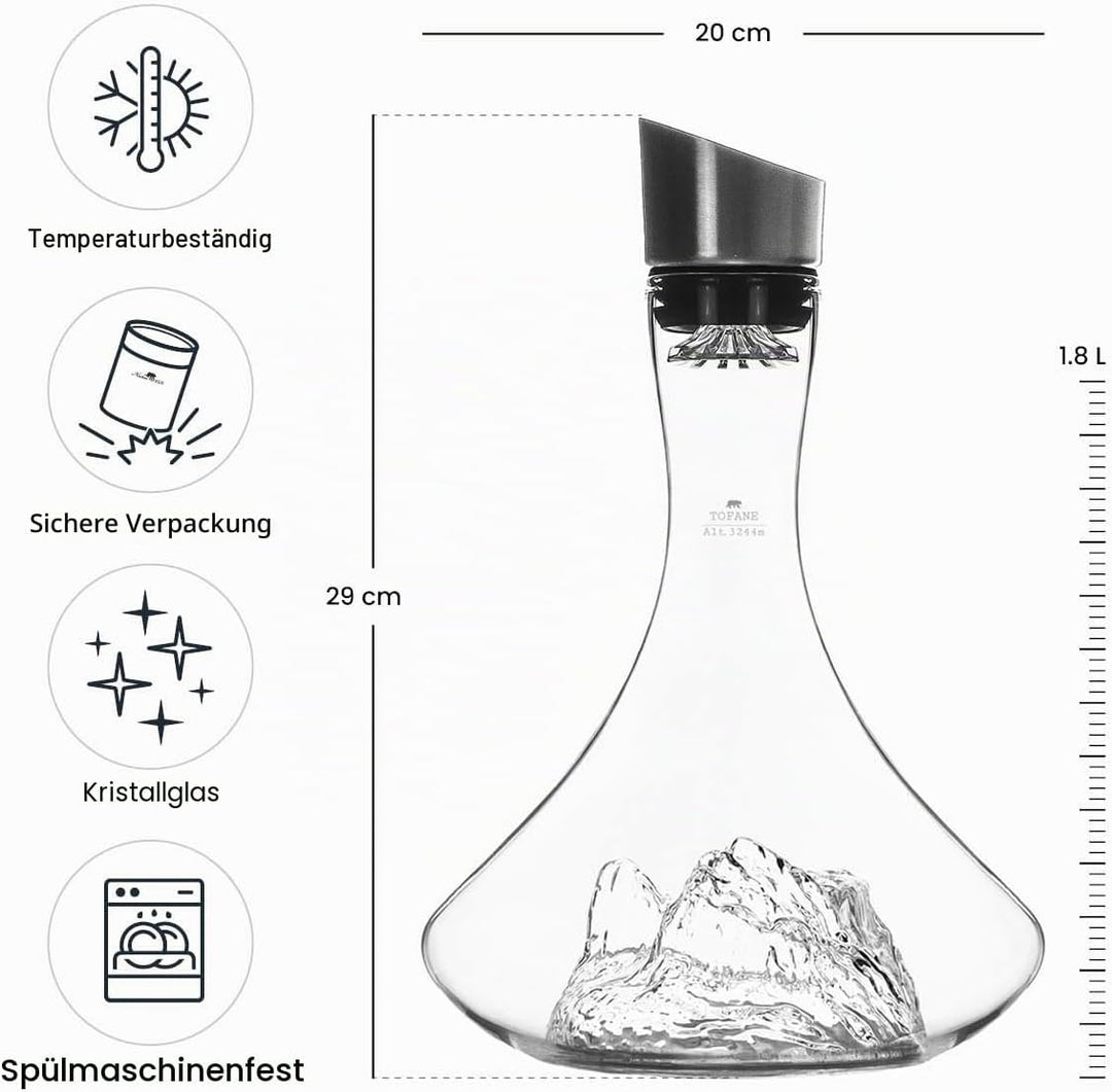 Weindekanter, 1,8 l, hochwertiges Borosilikat, handgefertigt, mundgeblasen, mit geprägten Bergen, 3-
