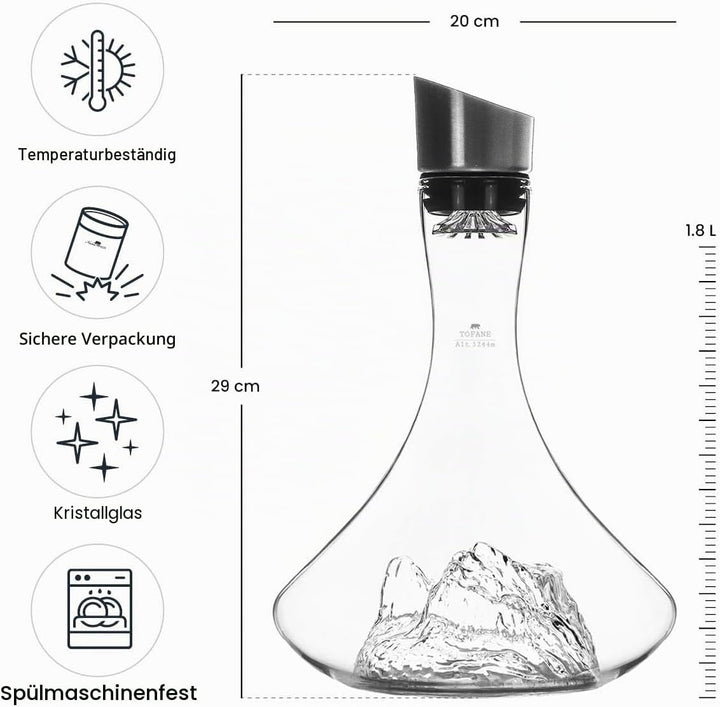 Weindekanter, 1,8 l, hochwertiges Borosilikat, handgefertigt, mundgeblasen, mit geprägten Bergen, 3-