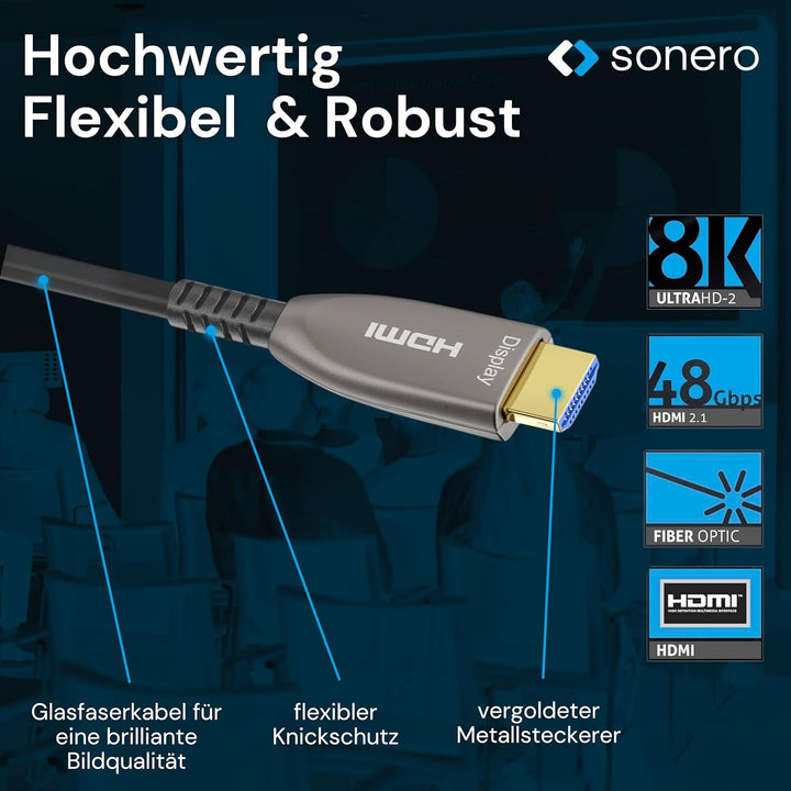 Sonero® 8K-HDMI 2.1 Kabel, Glasfaser-Hybrid-Kabel, Auflösung bis 8K 60 Hz (7680 x 4320) / 4K 120Hz (