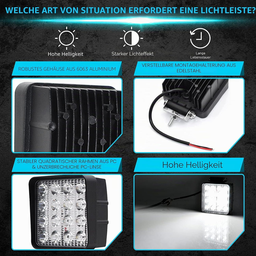 led Arbeitsscheinwerfer,2pcs led Scheinwerfer 12V 48W 4800LM LED strahler 6000K IP67 Spot &amp; Flood Qu