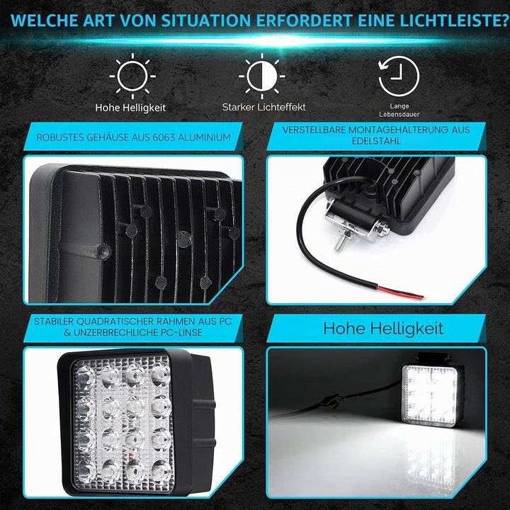 led Arbeitsscheinwerfer,2pcs led Scheinwerfer 12V 48W 4800LM LED strahler 6000K IP67 Spot &amp; Flood Qu