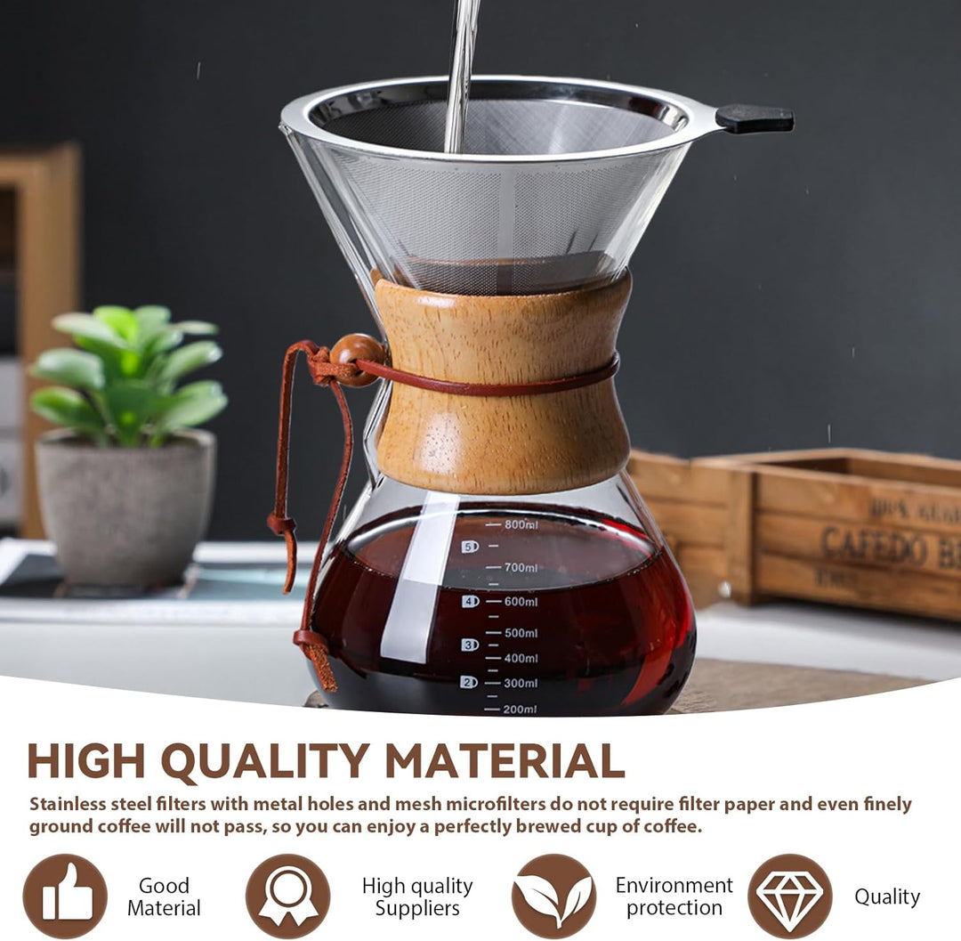 Pour Over Kaffeebereiter, 800 ml Permanentfilter Pour Over Kaffeebereiter, Borosilikat Glaskanne mit