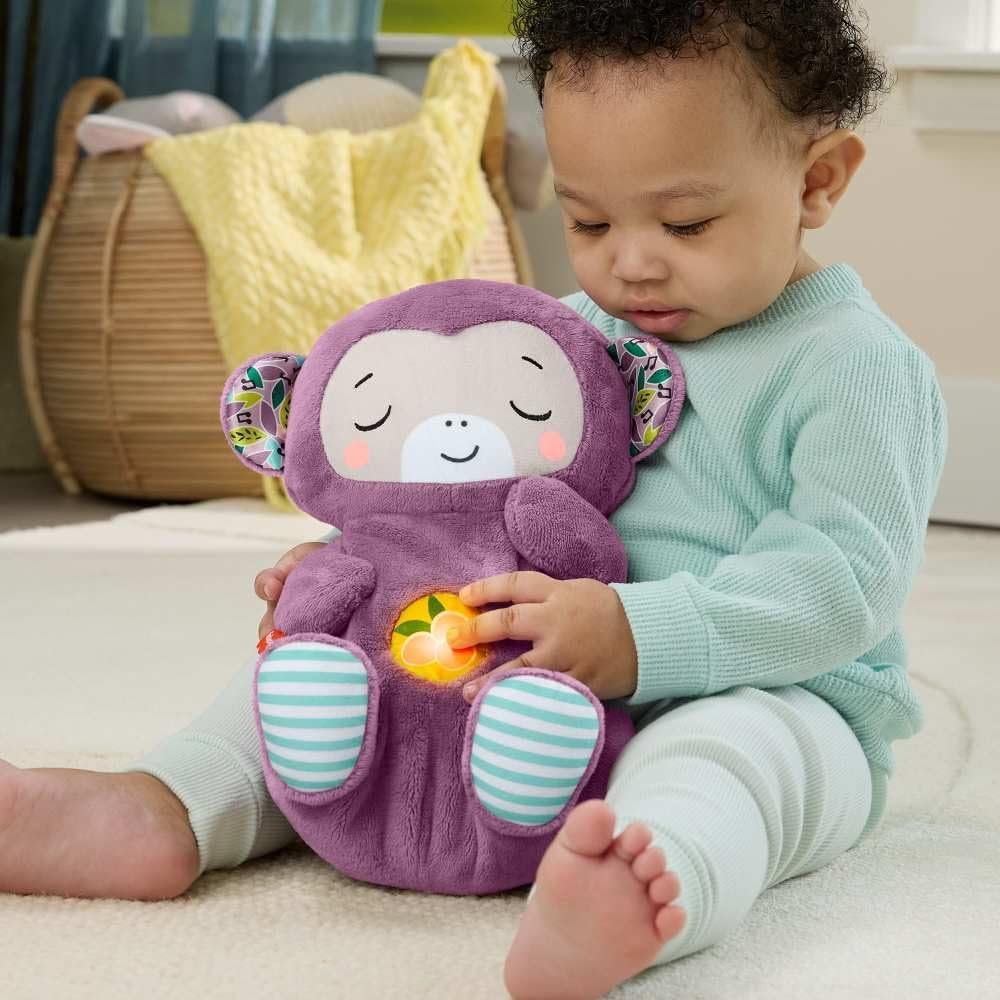 Fisher-Price Baby-Spielzeug Lila Schlummer-Affe, tragbare Plüsch-Spieluhr mit Atembewegungen und Lic
