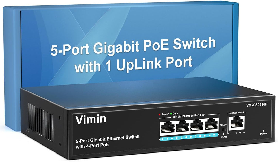 VIMIN 4-Port Gigabit PoE Switch mit 1 Uplink Gigabit Port, 5-Port Unmanaged Ethernet PoE Switch mit