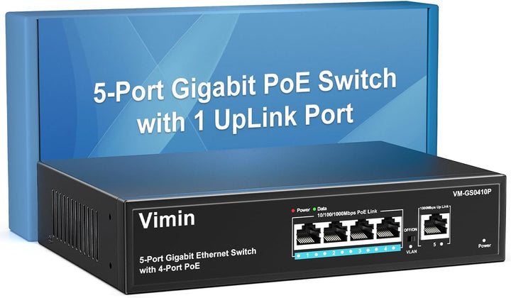 VIMIN 4-Port Gigabit PoE Switch mit 1 Uplink Gigabit Port, 5-Port Unmanaged Ethernet PoE Switch mit