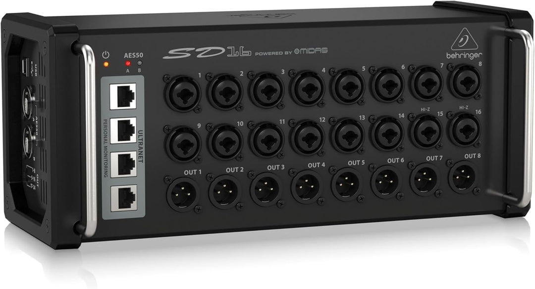 Behringer SD16 I/O Stage Box with 16 Remote-Controllable Midas Preamps, 8 Outputs, AES50 Networking
