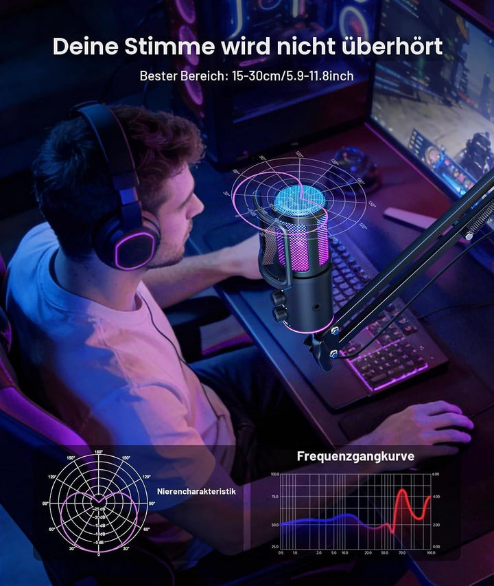 Gaming USB Mikrofon Kit mit Galgenarm - RGB Kondensator Mikrofon mit Geräuschunterdrückung, Stummsch
