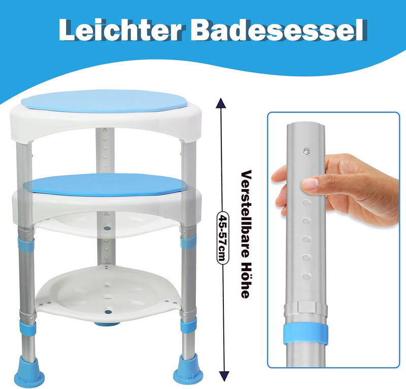 AufuN Duschhocker Duschstuhl 45-57cm Höhenverstellbar und 360° Drehbar Badsitz Blau Duschhilfe Anti-