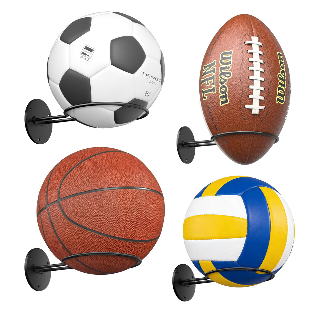 4er-Set Ball Display Halter Wandhalterung: Schwarzer Aufbewahrungsständer für Basketball, Rugby, Fus