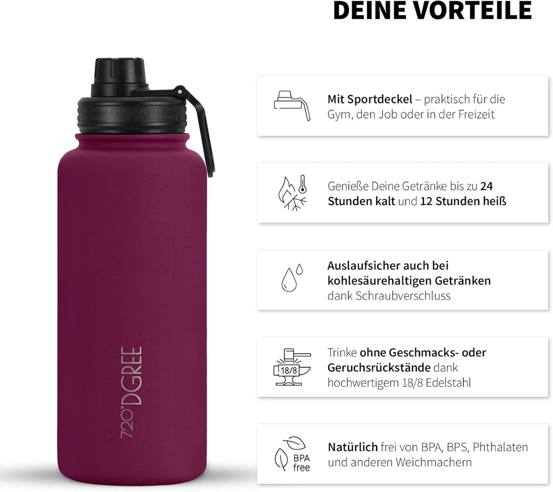 720°DGREE Edelstahl Thermo Trinkflasche 950ml “noLimit” +Früchtebehälter - Auslaufsicher, Kohlensäur