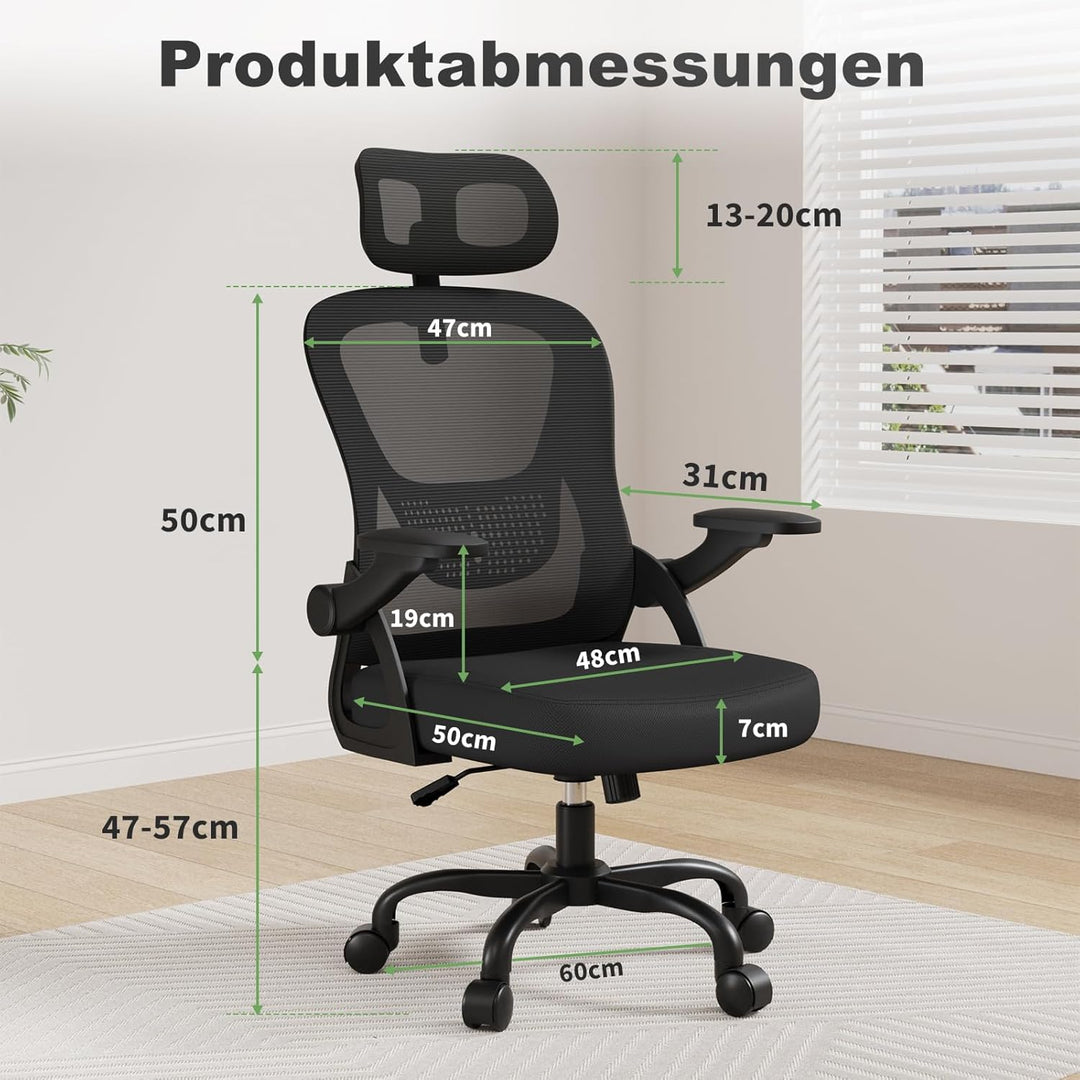 naspaluro Ergonomischer Schreibtischstuhl, Bürostuhl mit Kopfstütze/Hochklappbaren Armlehnen, Atmung