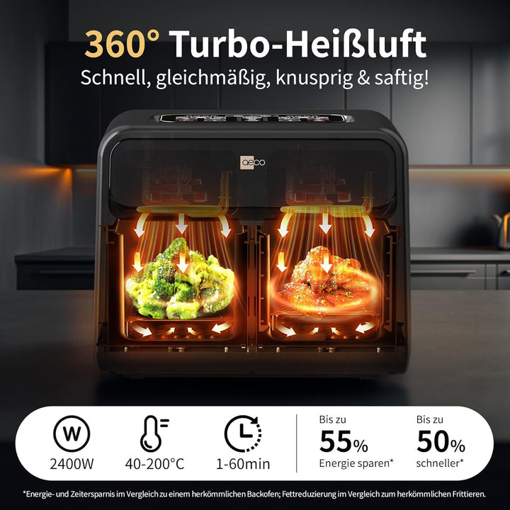 aeco FryQ ELITE Duo XL8 Heissluftfritteuse2 Kammern | Dual Zone Airfryer 8L gesamt | Mit Sichtfenste
