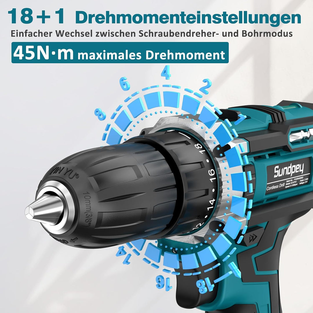 Sundpey Akkuschrauber Set mit 2 Akkus 2,0Ah, 21V Akkubohrer und Schrauber, 1500U/min 45Nm Max Akku B