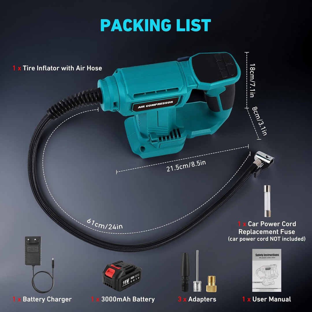 Tragbarer Luftkompressor für Batterien 18 V, max. 11 bar, automatischer Aufblaser mit digitalem Mano