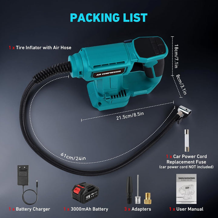 Tragbarer Luftkompressor für Batterien 18 V, max. 11 bar, automatischer Aufblaser mit digitalem Mano