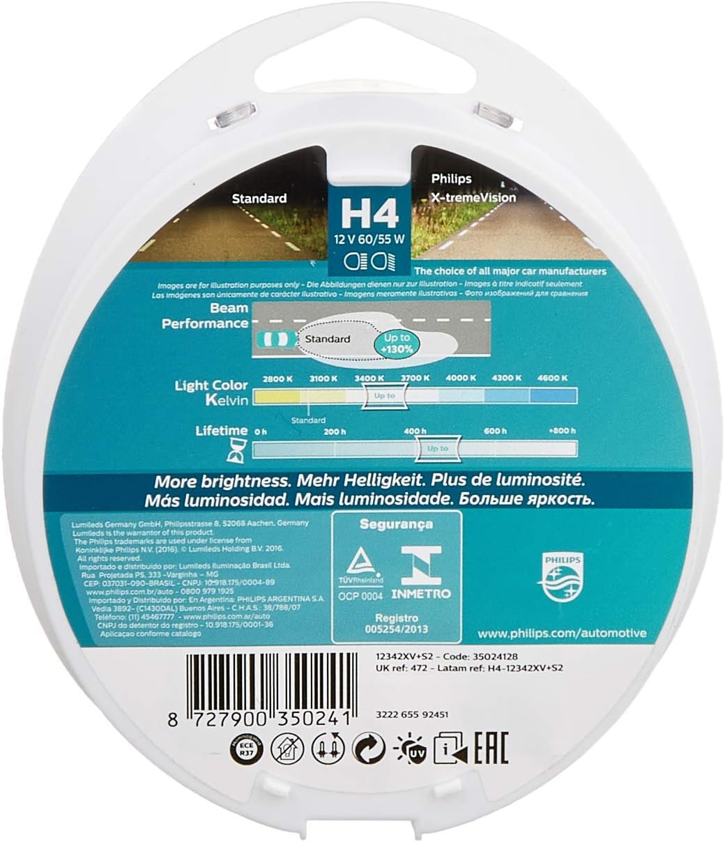 Philips X-tremeVision +100% H4 Scheinwerferlampe 12342XVS2, 2er-Set