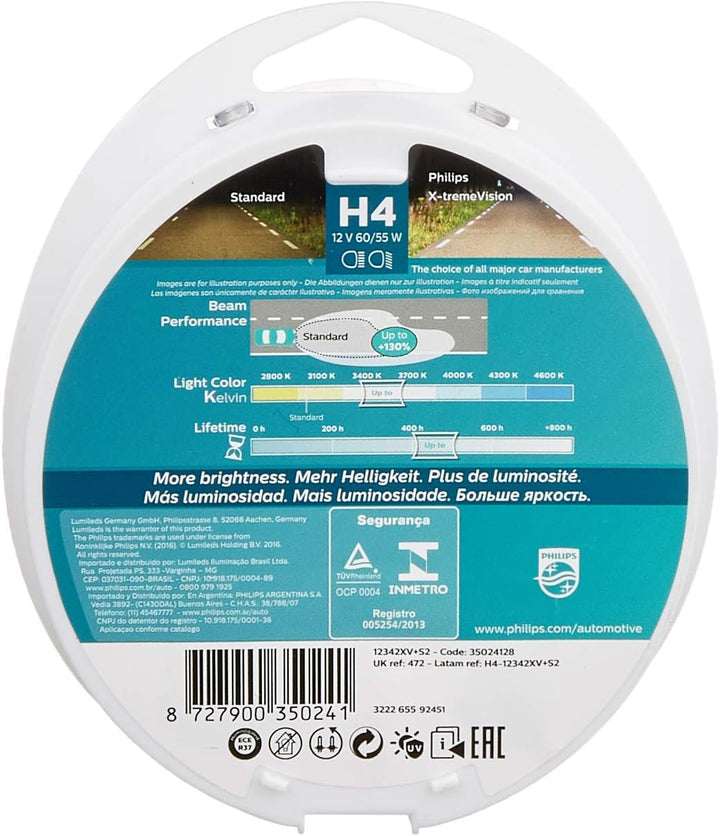 Philips X-tremeVision +100% H4 Scheinwerferlampe 12342XVS2, 2er-Set