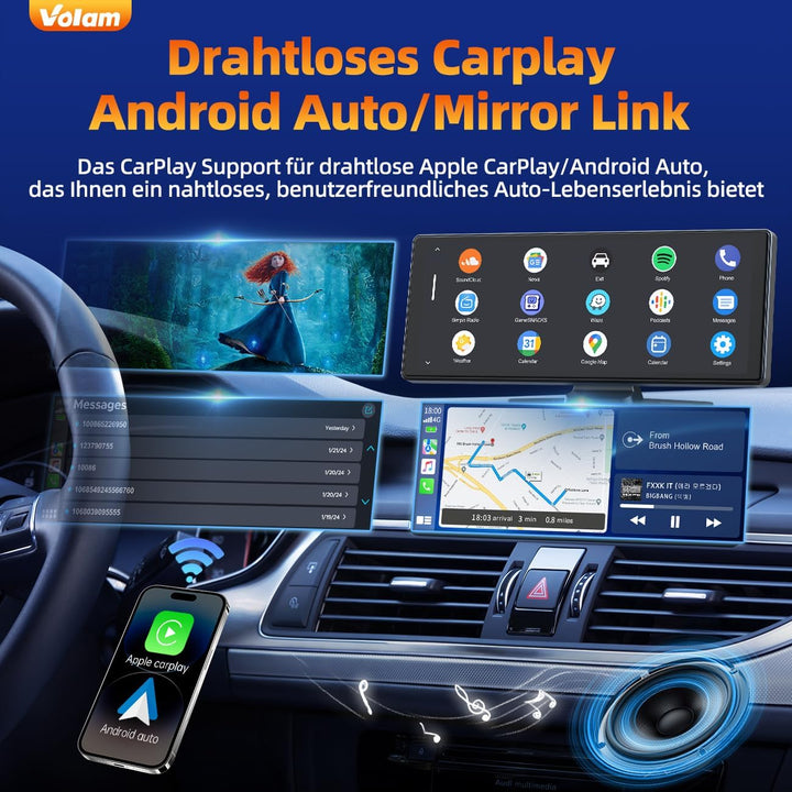 Volam 9.26 Zoll CarPlay Bildschirm,Tragbares Autoradios kompatibel mit Apple CarPlay&Android Auto,Ca