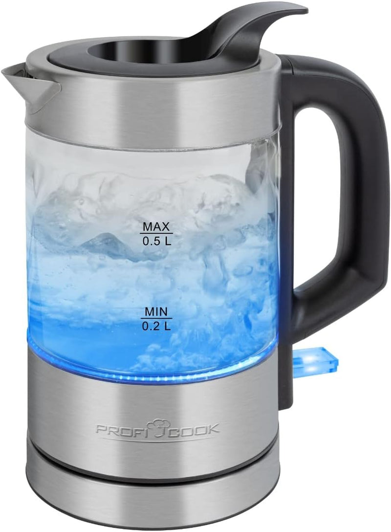 ProfiCook Wasserkocher Edelstahl beleuchtet, 0,5 Liter Mini Wasserkocher mit blauer Beleuchtung, Tee