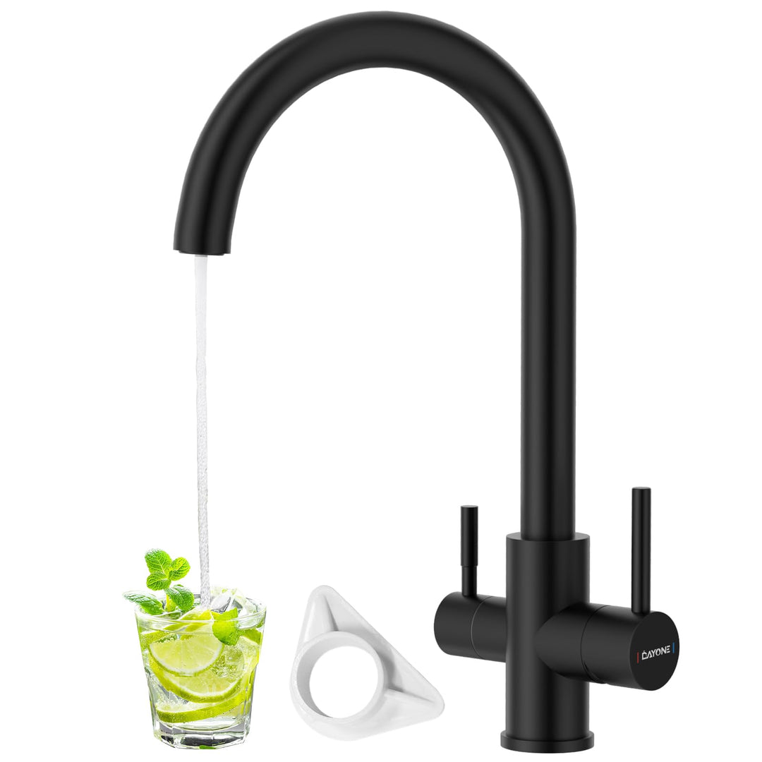 DAYONE Schwarz 3-Wege Wasserhahn für Küche, Trinkwasserhahn mit 2 Hebel, 360° Drehbar Küchenarmatur