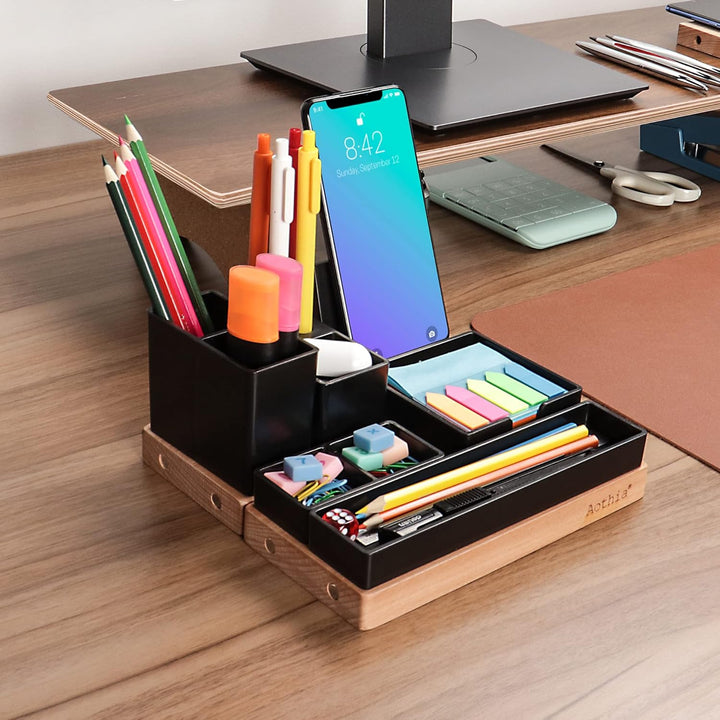 Aothia Schreibtisch Organizer Tischorganizer Holz-Büro Organizer-Verstellbarer Stifthalter, Telefons