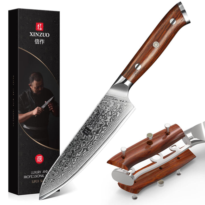 XINZUO Damaststahl Allzweckmesser 13.3cm, Profi Universalmesser Kochmesser Handgeschmiedet Obstmesse