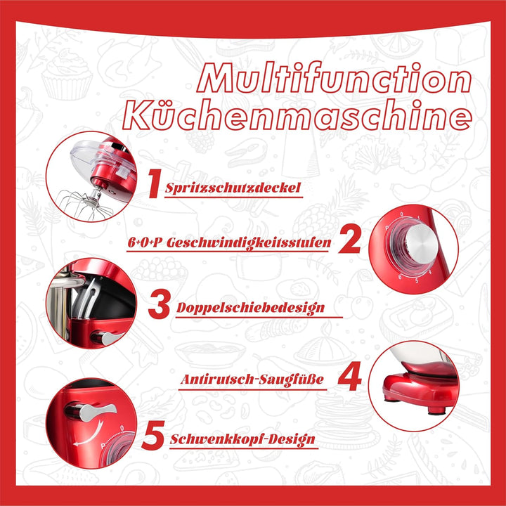 Kitchen in the box Küchenmaschine, 7,5 L Knetmaschine 1400 W, 6 Geschwindigkeits Teigmaschine mit Rü