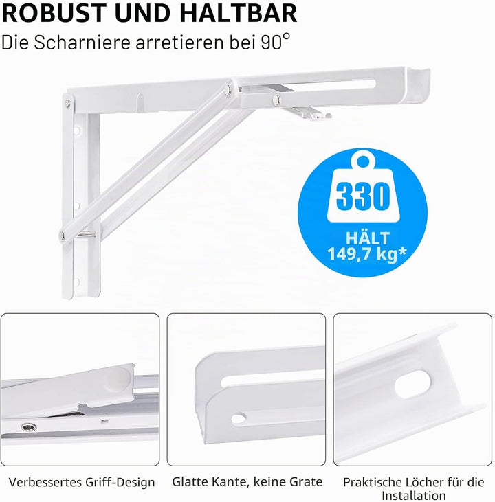 YUMORE Klappkonsole Schwerlast 400mm Regalträger Klappbar weiss - 2 Stück Metall Klappkonsolen Wand