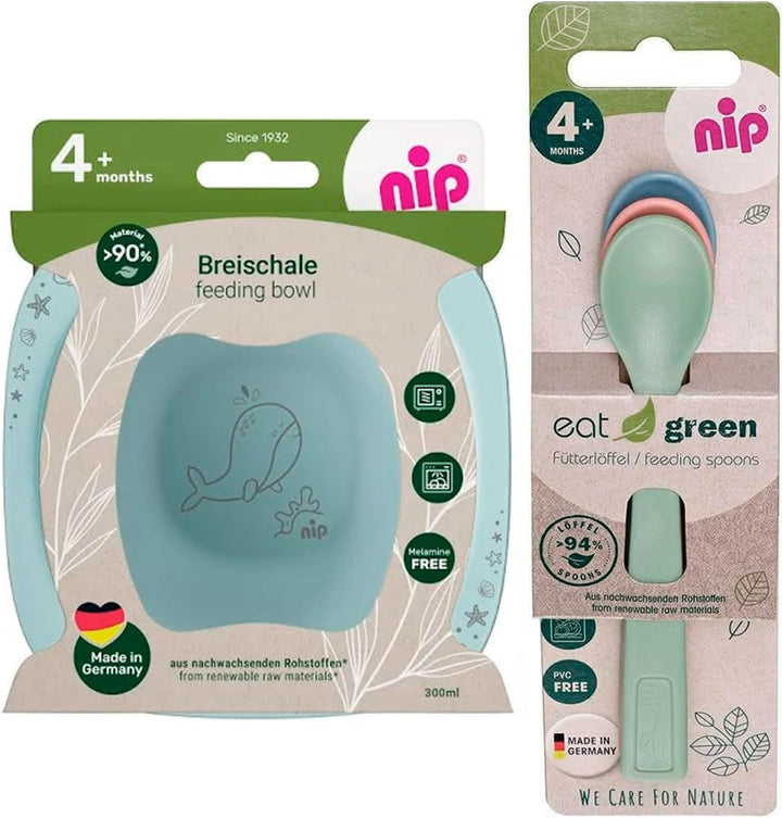 NIP öko bio Geschirrset BOYS ab 4. Monat, 2 Breischale + 3 Eat Green öko bio Babylöffel, Melamin fre