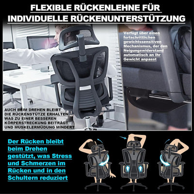 MELOKEA Ergonomischer Bürostuhl mit Fussstütze, 3D-Armlehnen, Hoher Rückenlehne, Automatischer Kippw