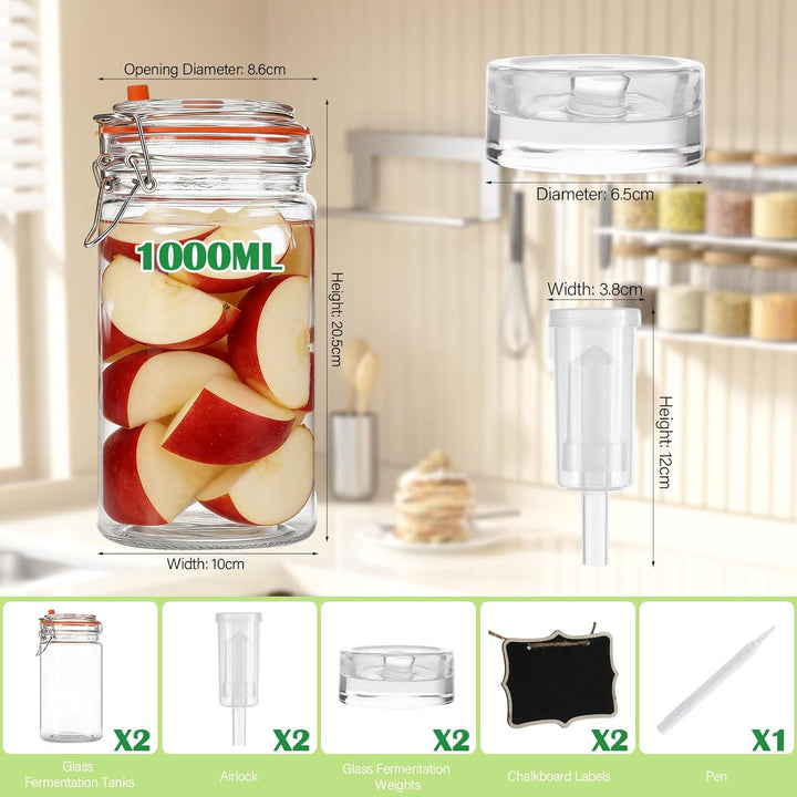 2 Stück Fermentierglas,1000ml Fermentationsglas mit Deckel, Einmachglas mit Gärventi &amp; Gewicht, Ferm