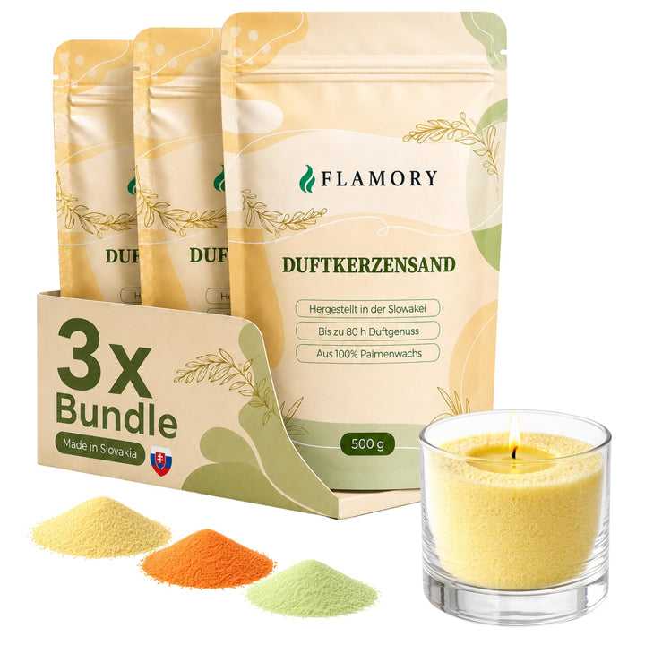 Kerzensand mit Duft 3x500g – Duftkerzensand [Orange/Citronella/Verbena] – 18 Dochte inklusive – 100%