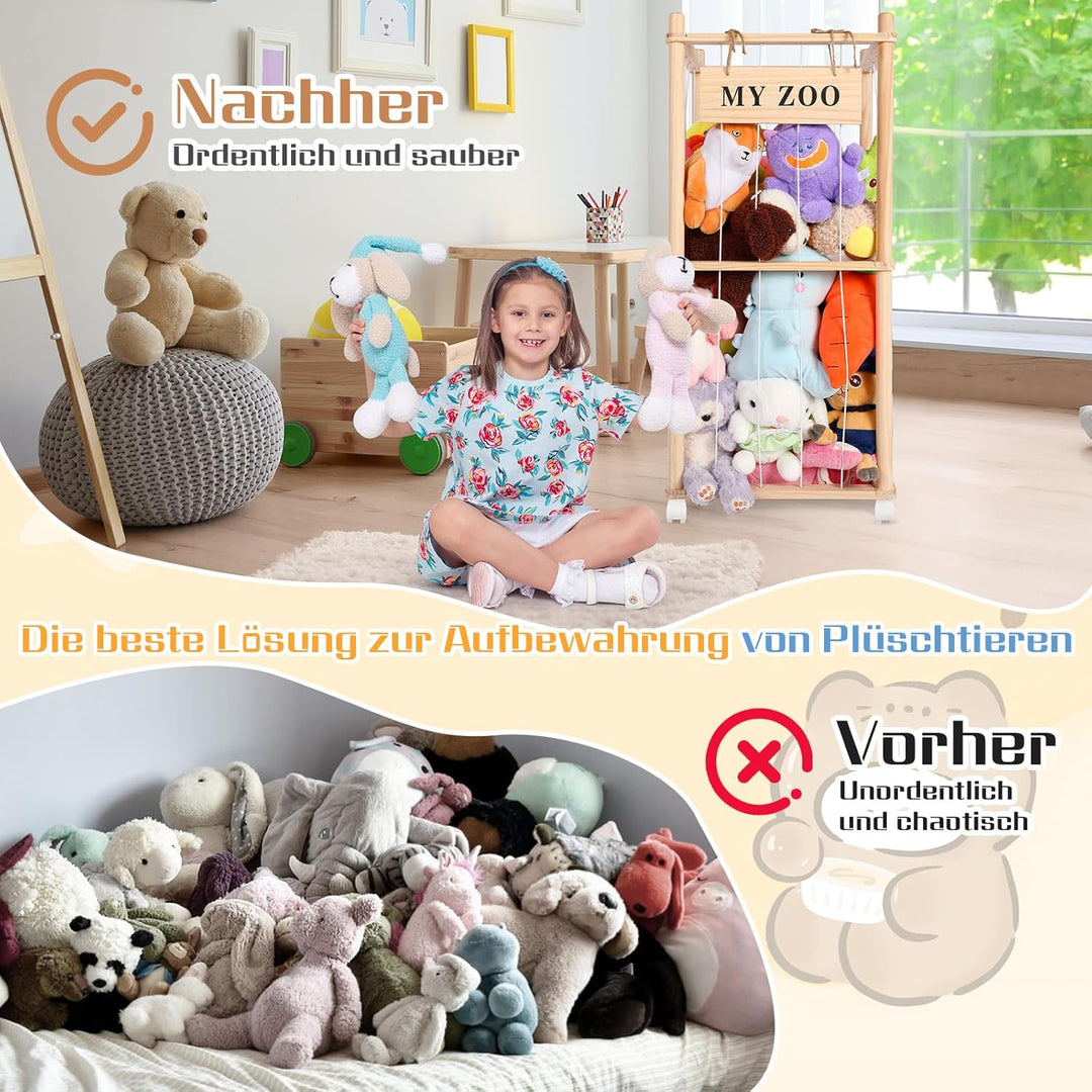 Massivholz Kuscheltier Aufbewahrung mit 360° Rollen & Bremse – inkl. Baumwollnetz, Plüschtier Organi