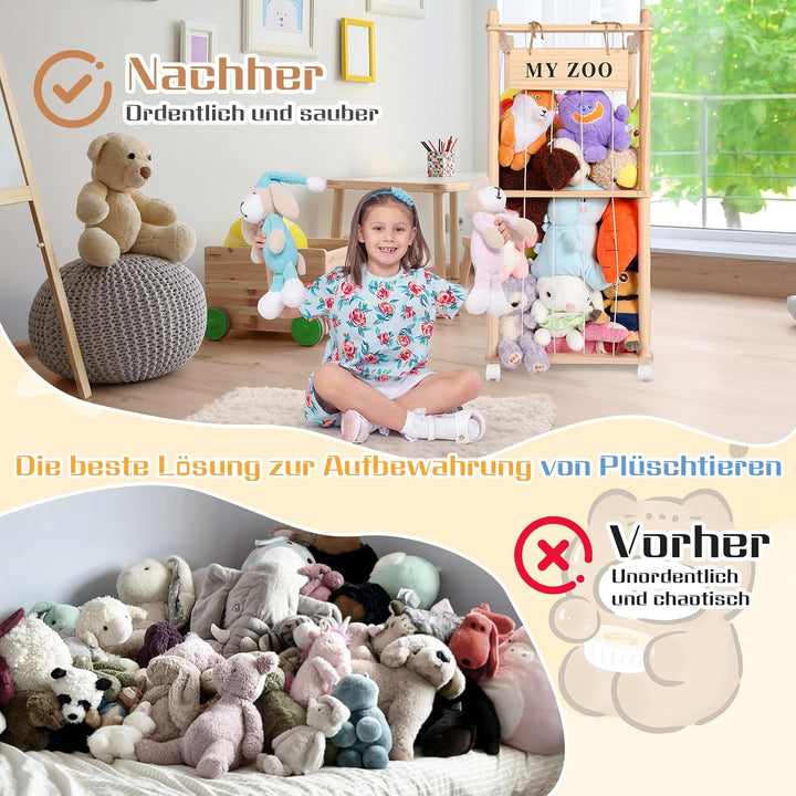 Massivholz Kuscheltier Aufbewahrung mit 360° Rollen & Bremse – inkl. Baumwollnetz, Plüschtier Organi