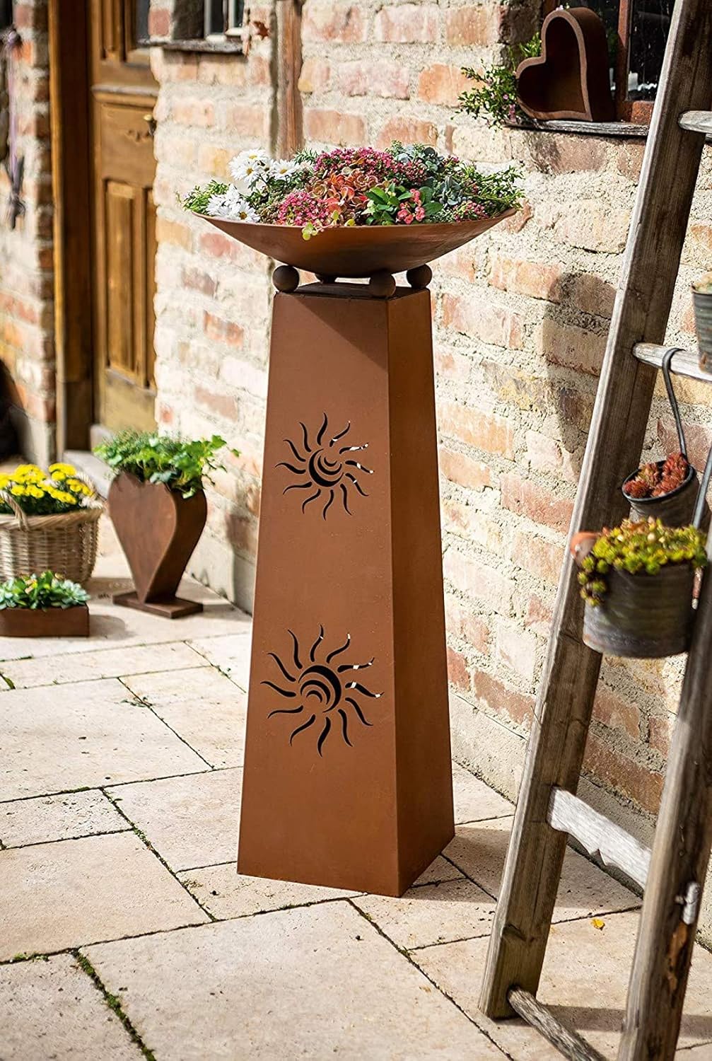 Deko-Säule Sonne + Feuerschale aus Metall in Rost-Optik, Feuerkorb, Feuerstelle, Garten-Deko